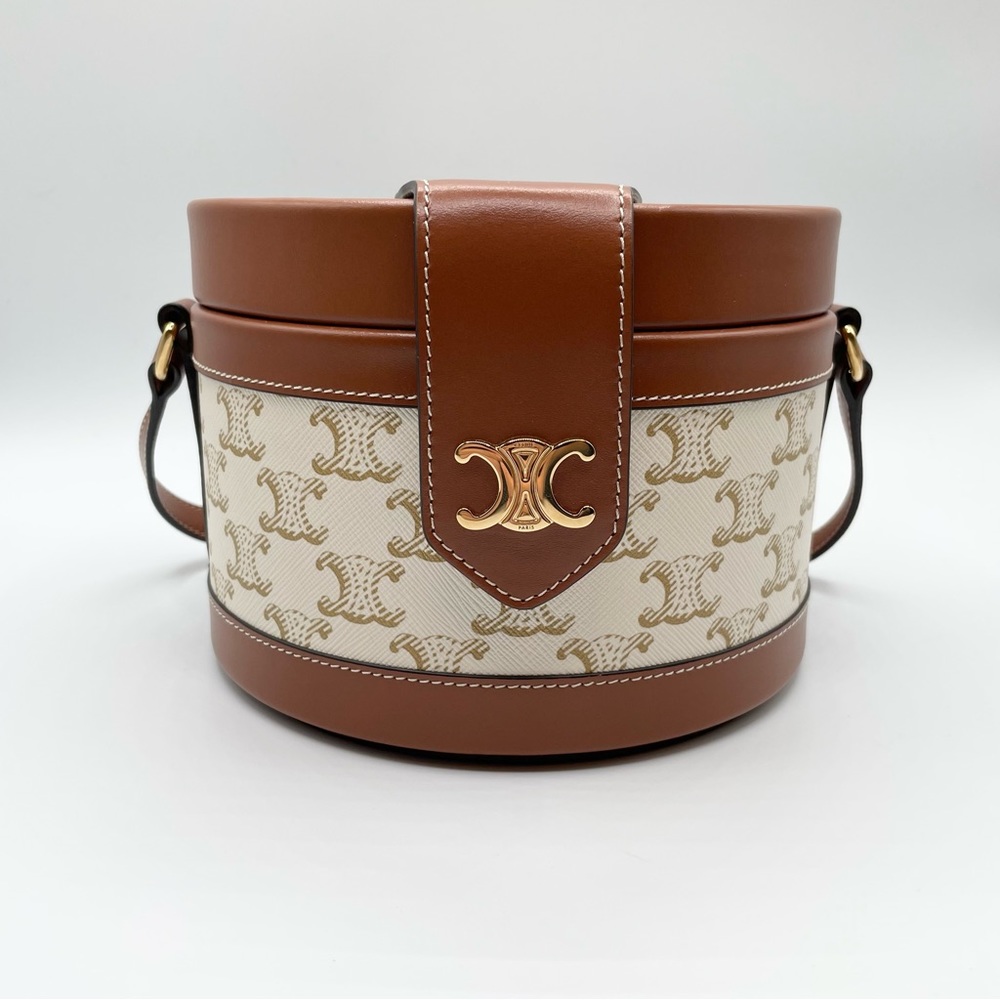 NEW Celine White Tambour Triomphe Monogram Logo Canvas Crossbody Strap Round Bag
